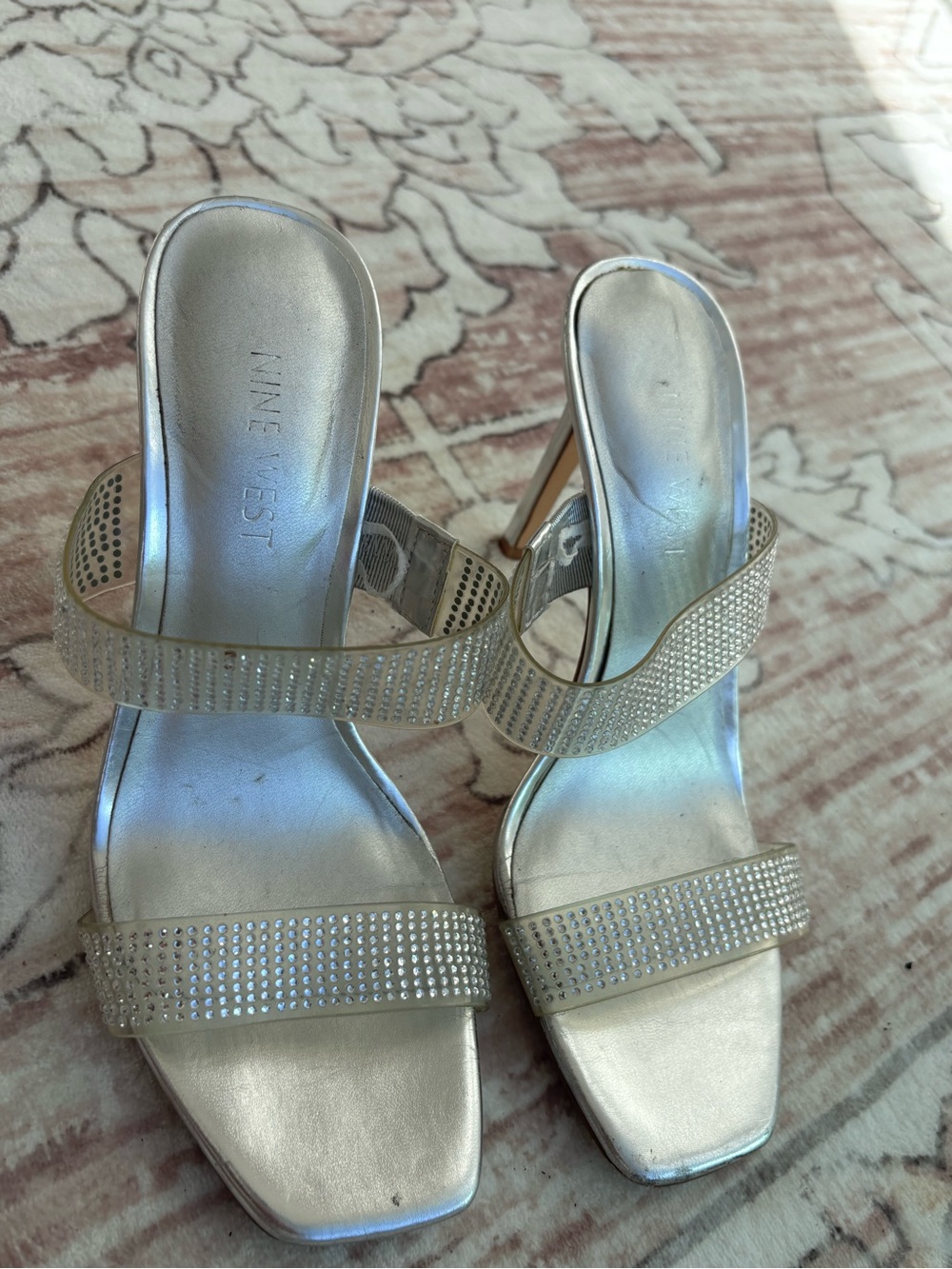 Nine West Silver Rhinestone Double-Strap Heels